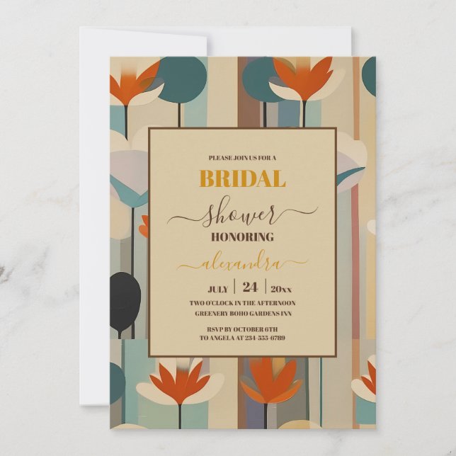 Invitación Elegante Ducha Bridal Floral de Mediados del Siglo (Anverso)
