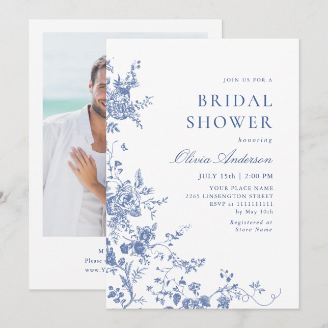 Invitación Elegante DUCHA BRIDAL Floral del Jardín Azul Franc (Anverso / Reverso)