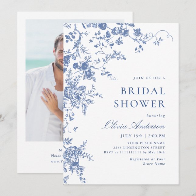 Invitación Elegante DUCHA BRIDAL Floral del Jardín Azul Franc (Anverso / Reverso)