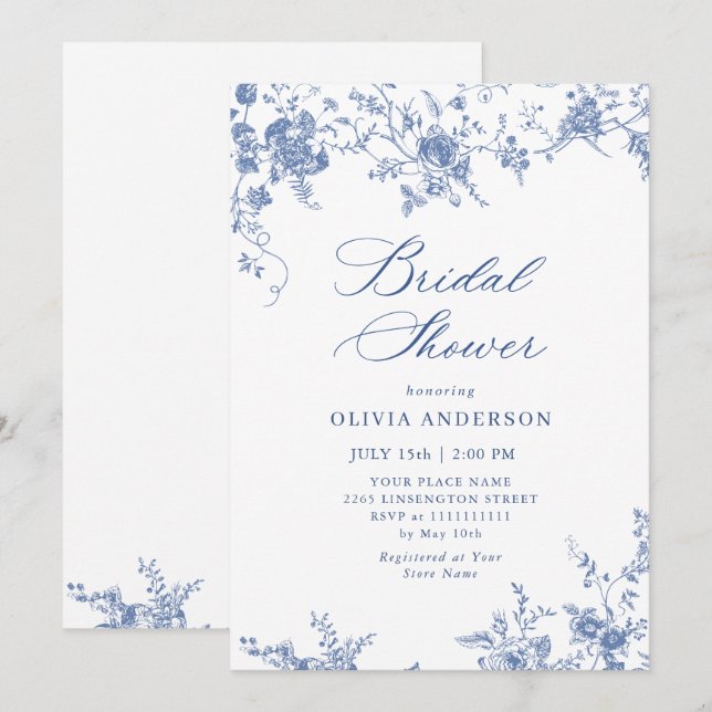 Invitación Elegante DUCHA BRIDAL Floral del Jardín Azul Franc (Anverso / Reverso)