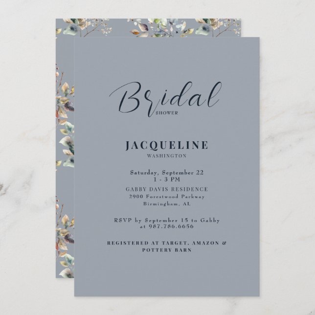 Invitación Elegante Ducha Bridal Foliage Blue (Anverso / Reverso)