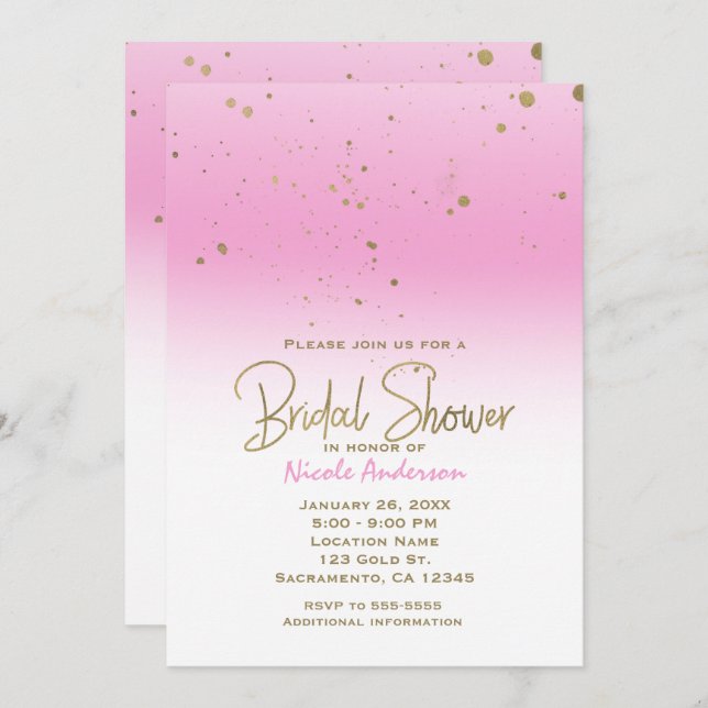 Invitación Elegante DUCHA BRIDAL Glam Moderno Rosa & Oro (Anverso / Reverso)