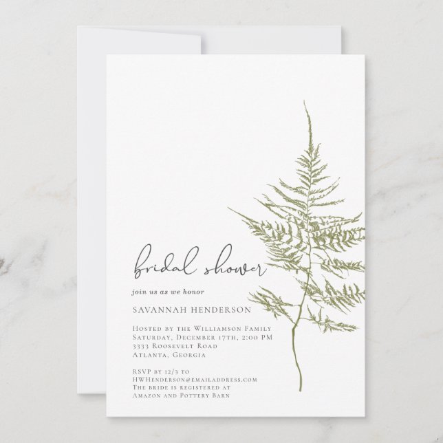 Invitación Elegante Ducha Bridal Verde Fern Floral (Anverso)