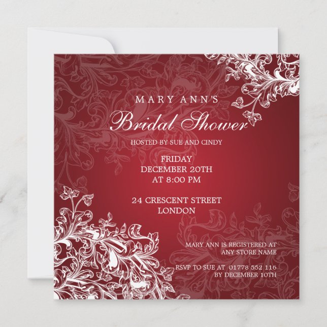 Invitación Elegante Ducha Bridal Vintage Swirls Rojo (Anverso)