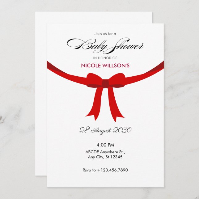 Invitación Elegante ducha con arco de cinta roja (Anverso / Reverso)