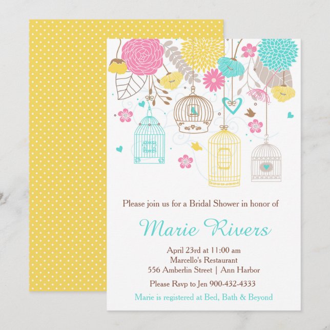 Invitación Elegante ducha con flores amarilla y rosa de novia (Anverso / Reverso)