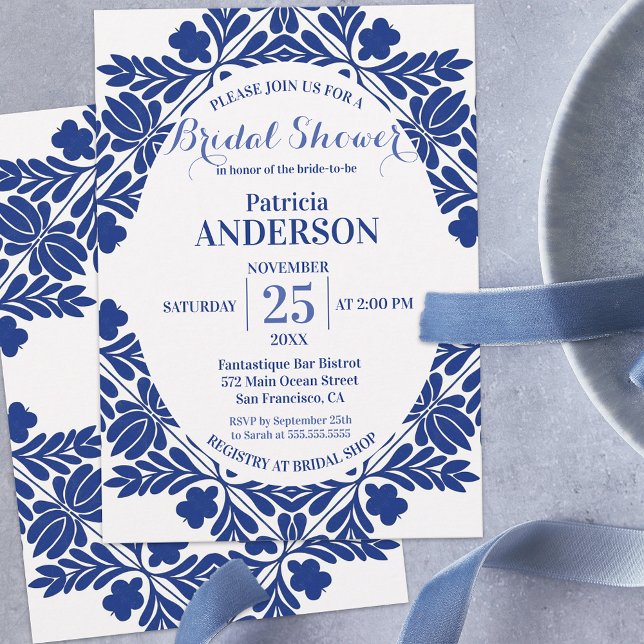 Invitación Elegante ducha con flores azul y blanca de novia (Subido por el creador)