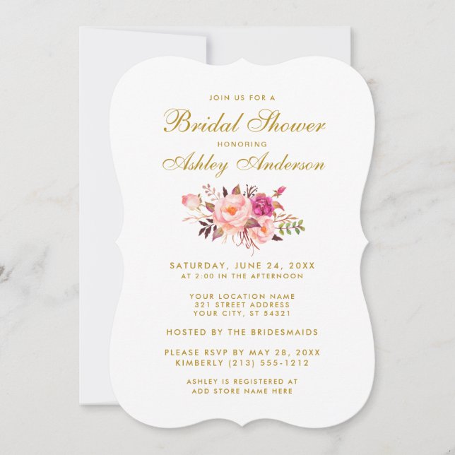 Invitación Elegante ducha con flores rosa y dorada (Anverso)