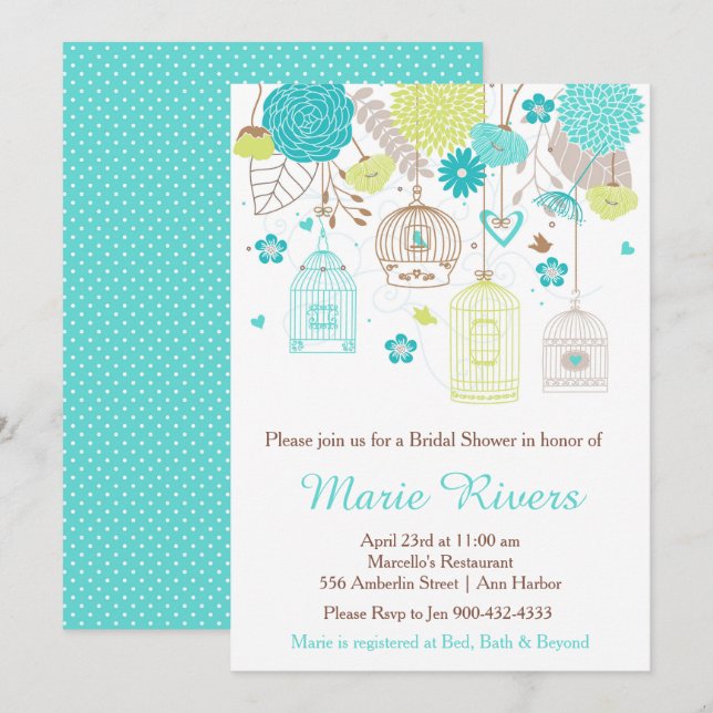 Invitación Elegante ducha con flores verde y azul de novia (Anverso / Reverso)