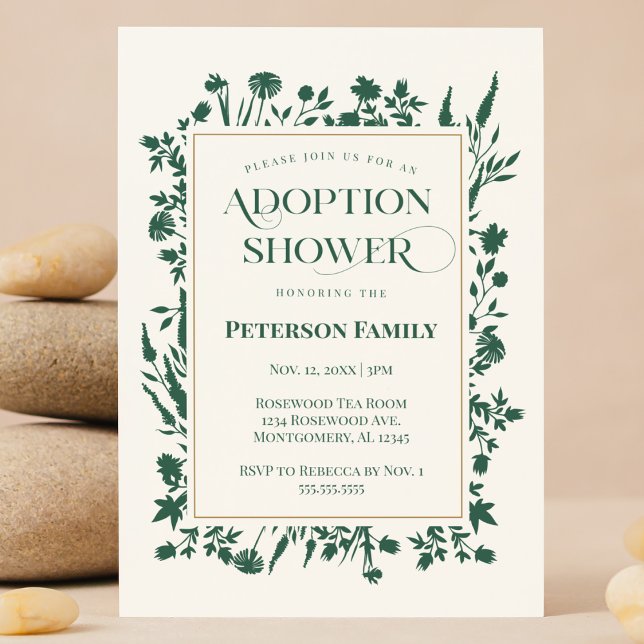 Invitación Elegante ducha de adopción botánica verde (Forest Green botanical wildflower Adoption  baby shower invitation customizable Registry QR code )