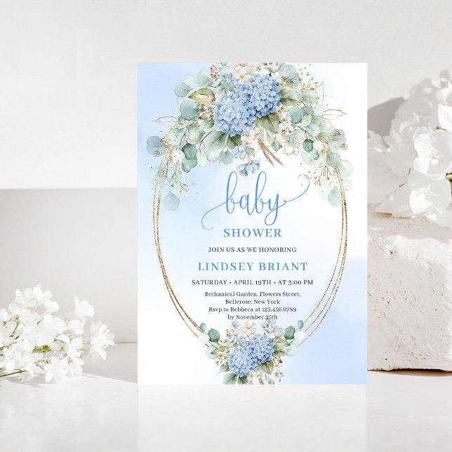 Invitación Elegante Ducha de Bebé Boho Azul Hortensia Dorada (Elegant Boho Blue Hydrangea Gold Baby Shower Invite)