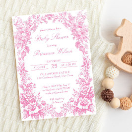 Invitación Elegante ducha de bebé botánica toile francés rosa