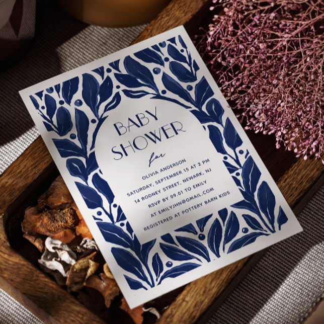 Invitación Elegante ducha de bebé con aceite floral azul mari (Subido por el creador)