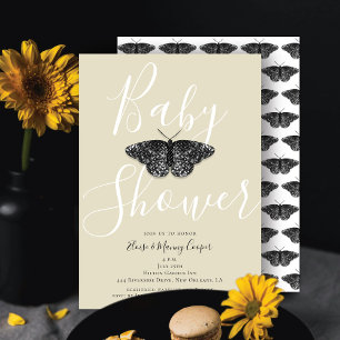 Invitación Elegante Ducha de Bebé Crema Mariposa Brillo Negro