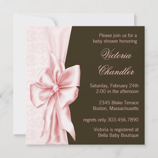Invitación Elegante ducha de bebé damascal rosa y marrón (Anverso)
