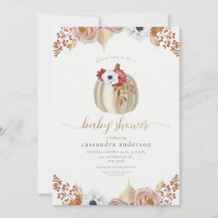Invitación Elegante ducha de bebé de calabaza floral acuarela
