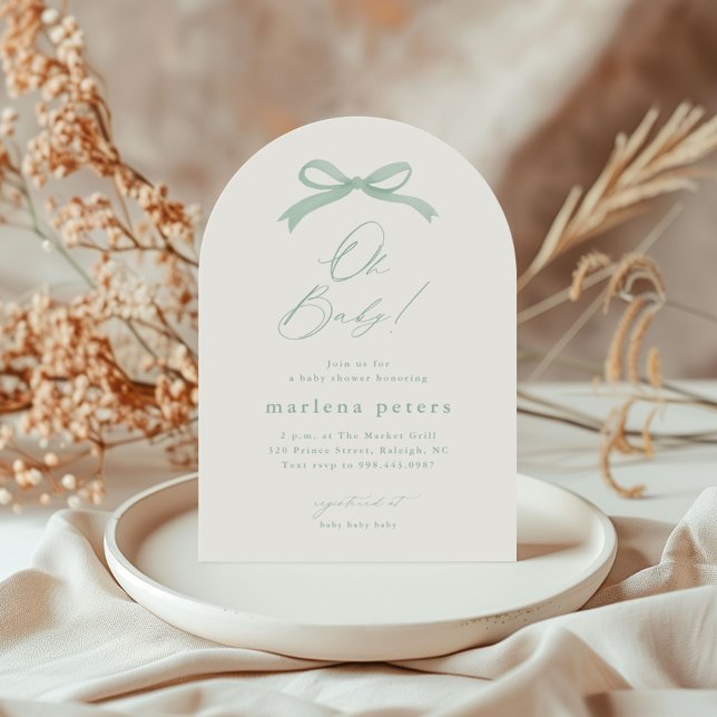 Invitación Elegante ducha de bebé de género neutral con lazo  (Simple sage green bow gender neutral baby shower invitation.)