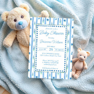 Invitación Elegante ducha de bebé de rayas azules modernas