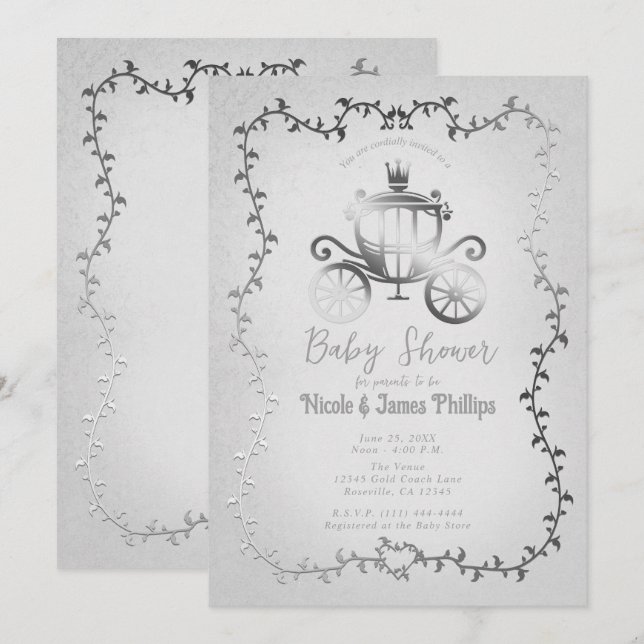 Invitación Elegante Ducha de Bebé del Carruaje de Plata Libro (Anverso / Reverso)