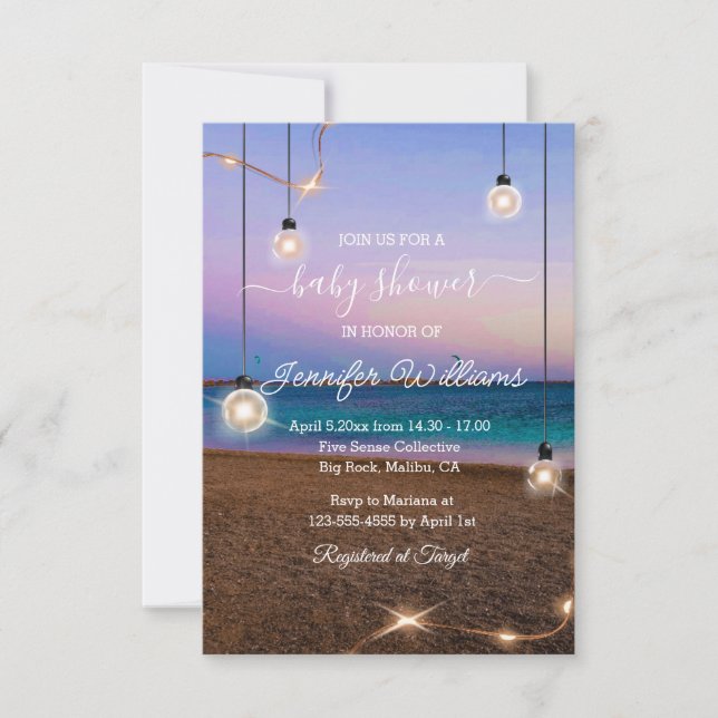 Invitación elegante ducha de bebé luces de playa moda tropica (Anverso)