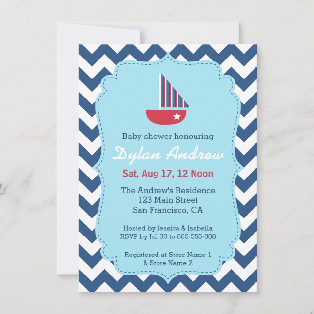 Invitación Elegante ducha de bebé náutica, Chevron (Anverso)