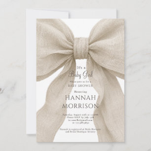 Invitación Elegante ducha de bebé niña con lazo neutral