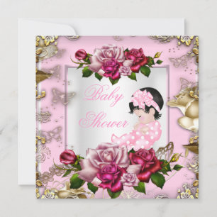 Invitación Elegante ducha de bebé niña rosas rosadas oro blan