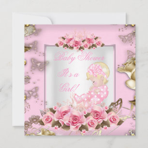 Invitación Elegante ducha de bebé niña rosas rosadas oro rubi