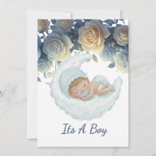 Invitación Elegante ducha de bebé niño con rosas azules y dor