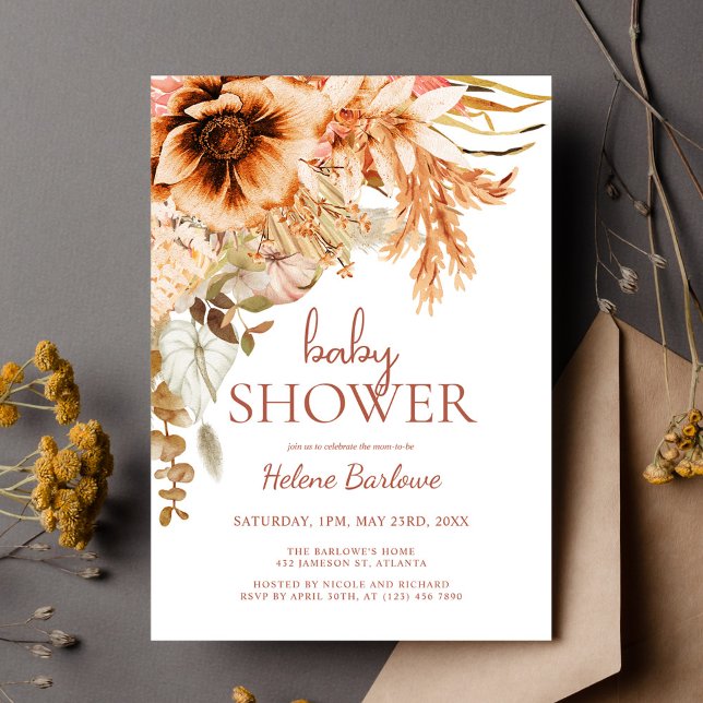 Invitación Elegante Ducha de Bebe Otoñal con Floral de Terrac (Elegant Floral Terracotta Fall Baby Shower Invitation)
