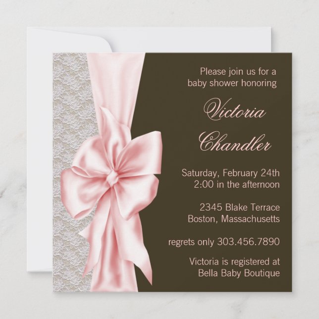 Invitación Elegante ducha de bebé rosa y marrón (Anverso)