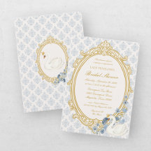Elegante ducha de boda azul y dorado damasco