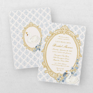 Invitación Elegante ducha de boda azul y dorado damasco