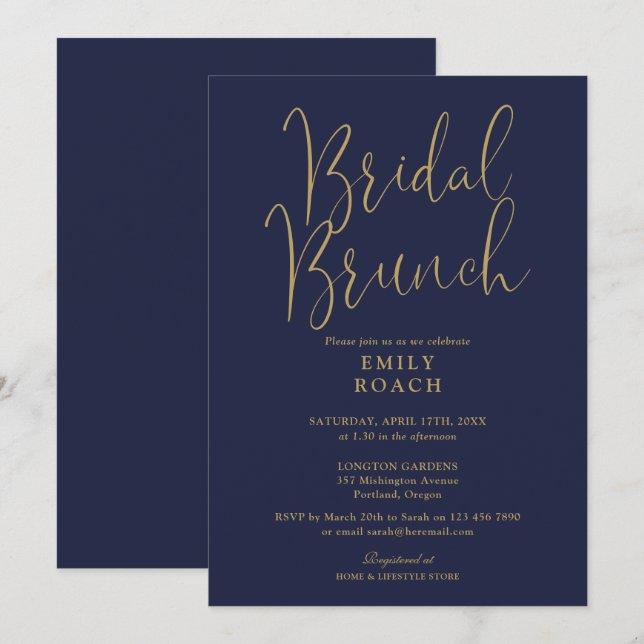 Invitación Elegante ducha de boda con guion azul marino dorad (Anverso / Reverso)