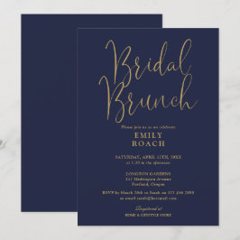 Invitación Elegante ducha de boda con guion azul marino dorad