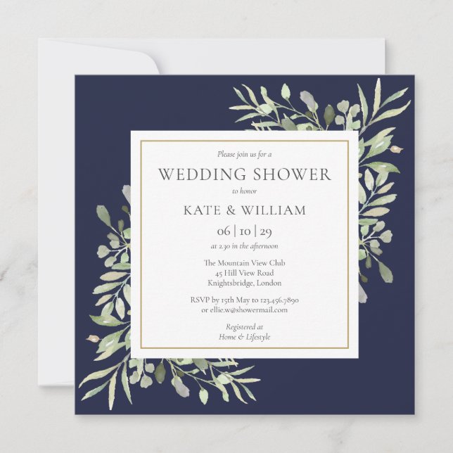 Invitación Elegante ducha de bodas azul de la Marina (Anverso)