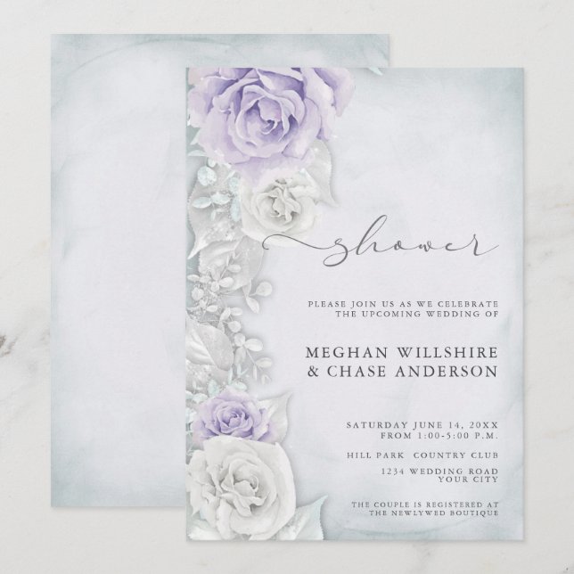 Invitación Elegante ducha de bodas Lilac y rosas blancas (Anverso / Reverso)