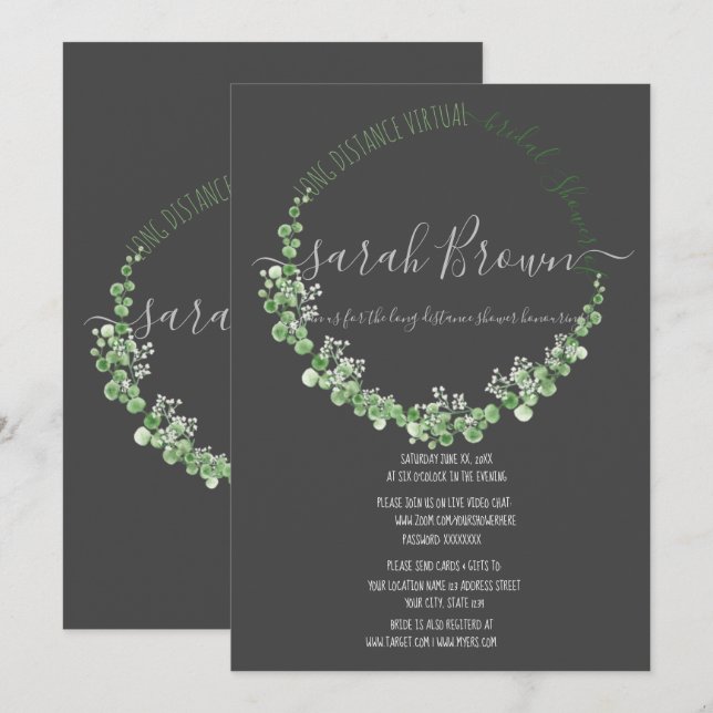 INVITACIÓN ELEGANTE DUCHA DE BRIDAL VIRTUAL VERDE Y GRAY FOLI (Anverso / Reverso)