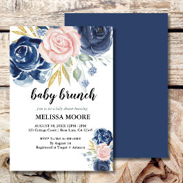 Invitación Elegante ducha de brunch rosa azul marino floral