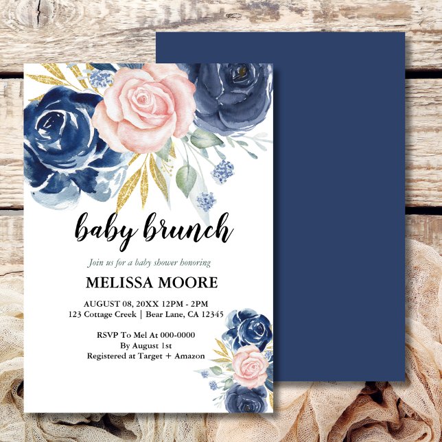 Invitación Elegante ducha de brunch rosa azul marino floral (Subido por el creador)