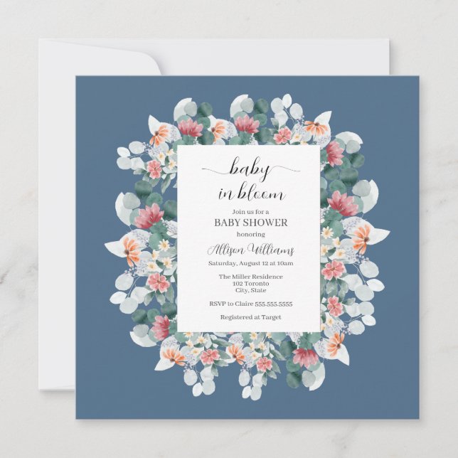 Invitación Elegante ducha de color azul polvoriento (Anverso)