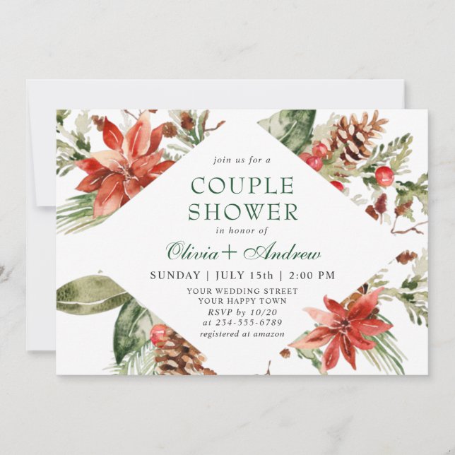 Invitación Elegante DUCHA DE COUPLE acuarela de Poinsettia Ro (Anverso)