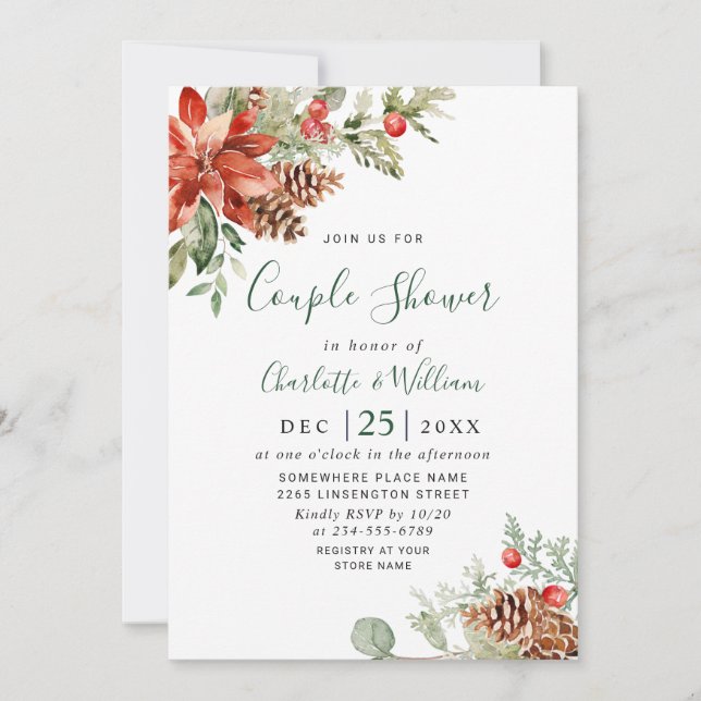 Invitación Elegante DUCHA DE COUPLE acuarela de Poinsettia Ro (Anverso)