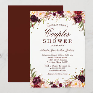 Invitación Elegante ducha de duchas doradas borgoñonas floral