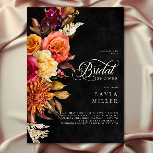 Invitación Elegante ducha de escritura floral de Boho negro v