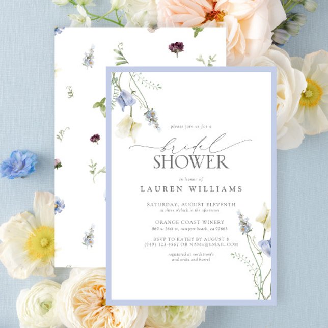 Invitación Elegante ducha de flores salvajes azul turquesa (Elegant Dusty Blue Wildflower Bridal Shower Invitation)
