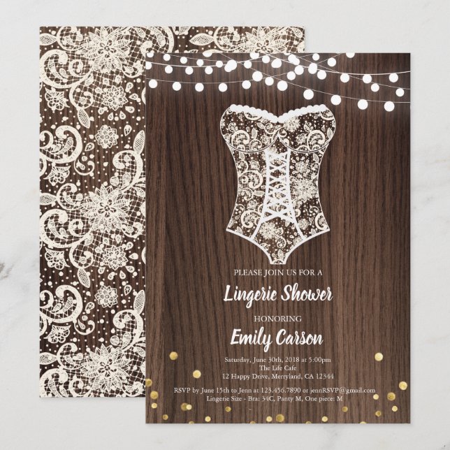 Invitación Elegante ducha de lencería de encaje de madera rús (Anverso / Reverso)
