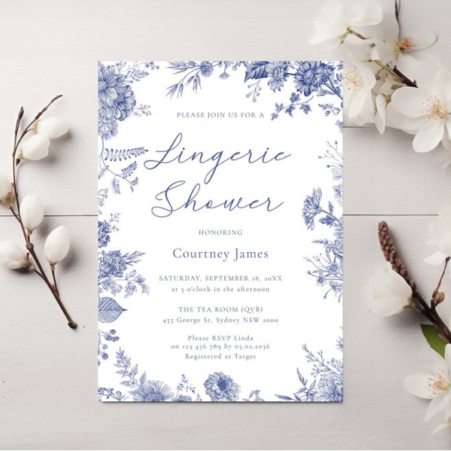 Invitación Elegante ducha de lencería toile French Blue (Subido por el creador)