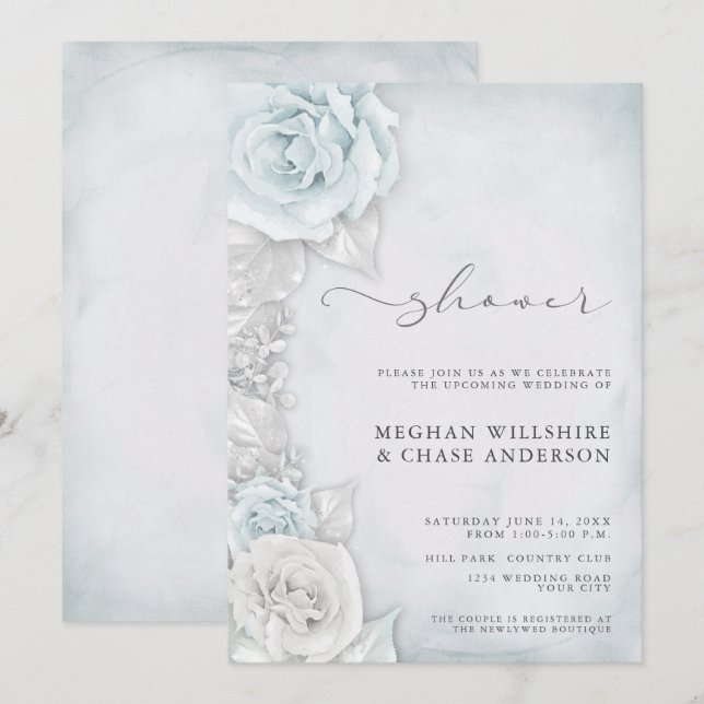 Invitación Elegante ducha de matrimonio de Rosas azules plate (Anverso / Reverso)