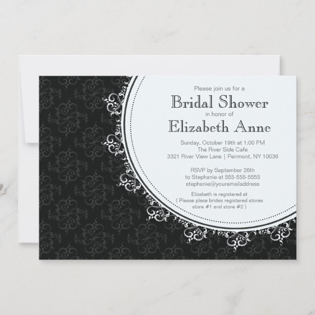 Invitación Elegante ducha de matrimonio negro Damasco (Anverso)